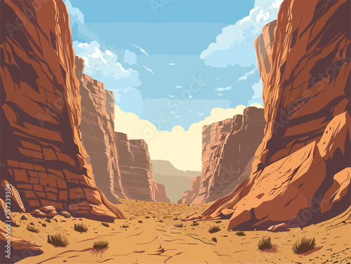 A natural landscape painting of a canyon with mountains in the background