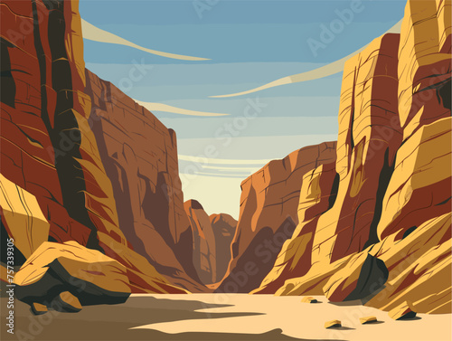 a cartoon illustration of a canyon with mountains in the background