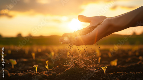 pair of hands gently releasing soil against a backdrop of a sunset over a field