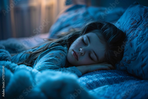 close up white teen girl sleeping in bed at night. caucasian child sleep hygiene concept good night rest and wellness