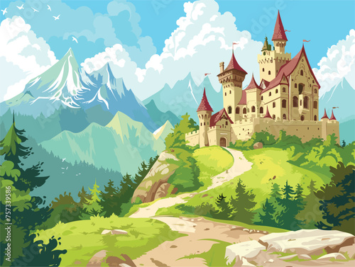 A castle perched atop a hill, surrounded by mountains, under a cloudy sky
