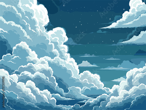 Pixel art of a night sky with fluffy cumulus clouds