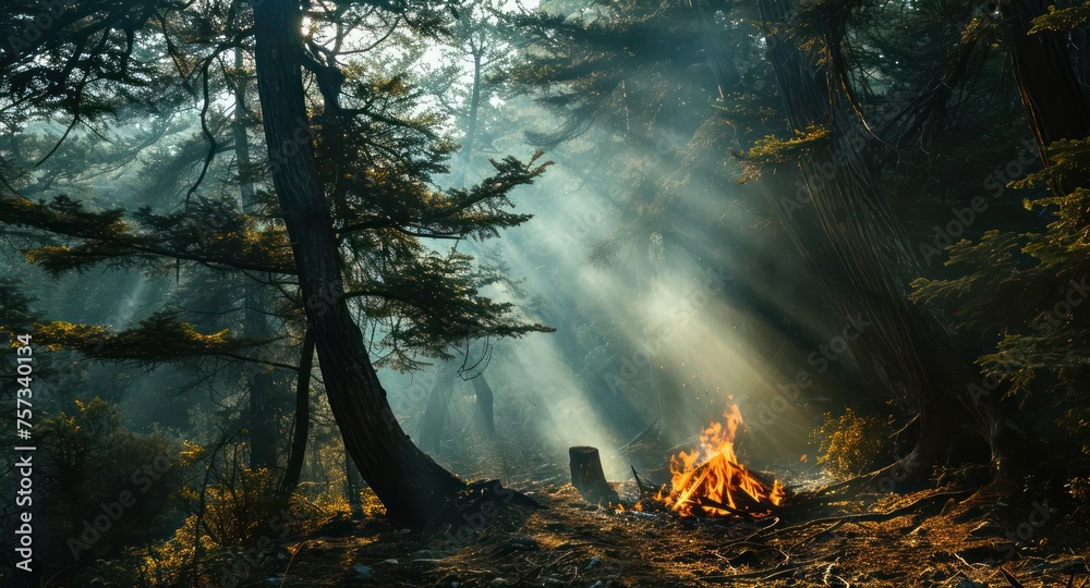 the mystery of a bonfire in a misty cedar forest, where the soft light and smoky tendrils create an ethereal atmosphere reminiscent of a fairy tale - obrazy, fototapety, plakaty 