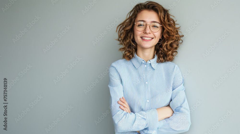 woman with short blonde hair and a confident smile is wearing a white shirt and stands with her arms crossed against a light grey background woman with short blonde hair and a confident smile is wearing a white shirt and stands with her arms crossed against a light grey background