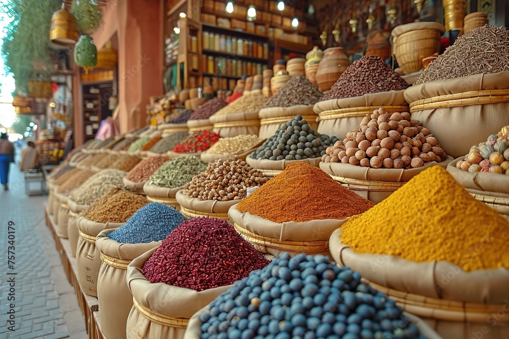 A bustling spice souk in Dubai, with stalls filled with exotic spices and incense A bustling spice souk in Dubai, with stalls filled with exotic spices and incense