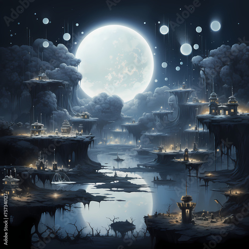 A surreal moonlit landscape with floating islands. © Cao