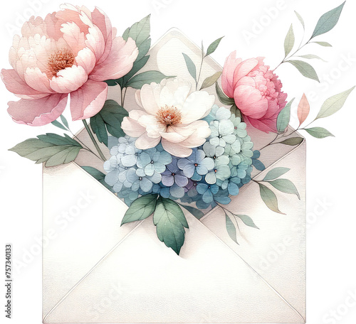 Watercolor Floral Envelope Clipart for Administrative Professionals Day - Elegant Botanical Art. Spring Flowers and Botanical Watercolor Envelope Design for Office Celebrations. Creative Handcrafted. photo