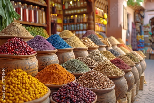 A bustling spice market in Marrakech, with mounds of colorful spices and aromatic herbs