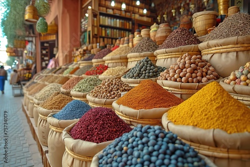 A bustling spice souk in Dubai, with stalls filled with exotic spices and incense