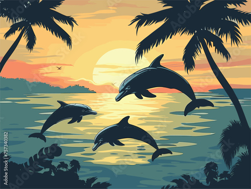 A pod of bottlenose dolphins swims at sunrise in the ocean