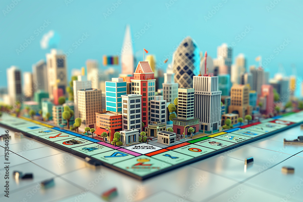 Monopoly board in 3d environnement light background cartoon style, megapolis, frontal view, tilt-shift effect, high details