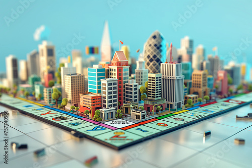 Obraz na płótnie Monopoly board in 3d environnement light background cartoon style, megapolis, frontal view, tilt-shift effect, high details w salonie