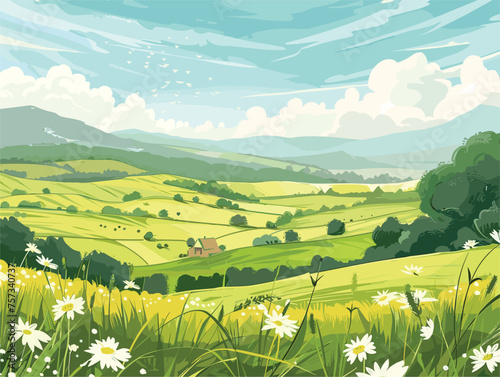 A scenic painting of daisies under a clear sky with mountains in the background
