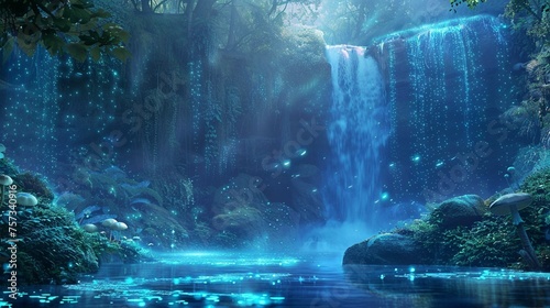 A mystical waterfall in a bioluminescent forest: 