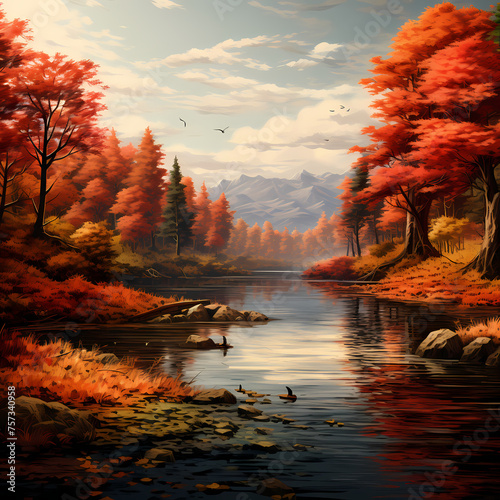 A tranquil lake surrounded by autumn foliage.