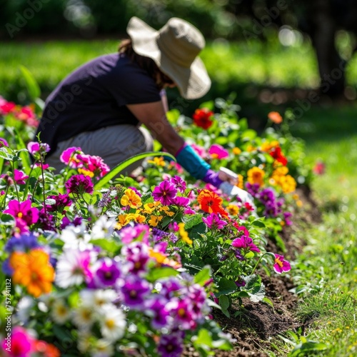  a person gardening, wearing a sun hat and gloves, surrounded by blooming spring flowers   © Attila