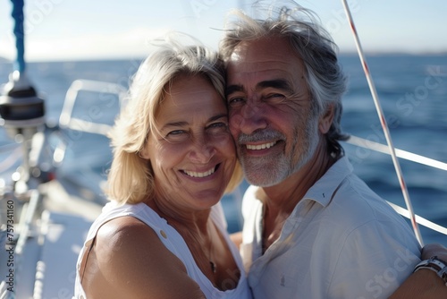 A man and a woman are smiling and posing for a picture on a sailboat in the ocean. They look happy and relaxed, enjoying leisure travel on the water under the clear blue sky © RichWolf