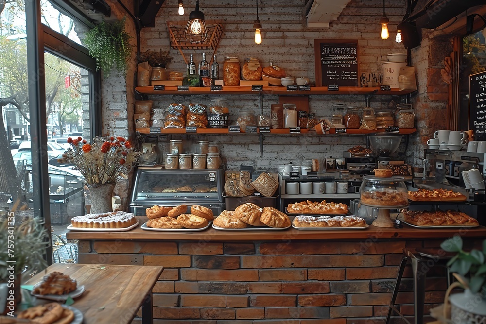 A cozy, rustic cafe with shelves of homemade pies, pastries, and aromatic coffee
