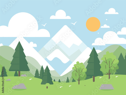 Daytime scene with trees in the foreground and mountains in the background