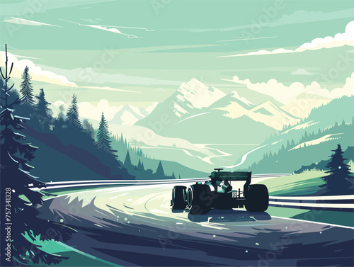 Vehicle racing down mountain road with trees, sky and asphalt landscape