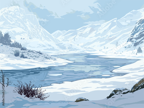 Frozen river flowing through snowy landscape with mountains in the background