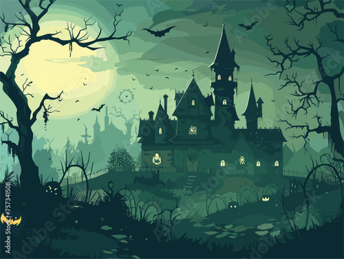 A spooky castle in a forest at night, under a full moon
