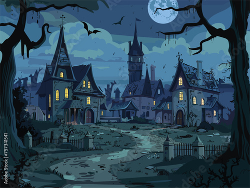 A spooky village under a full moon, depicted in a hauntingly beautiful painting