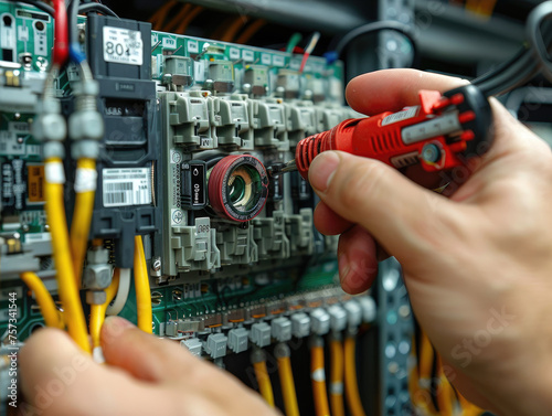 Electrical engineer checking the operation of an electrical circuit board