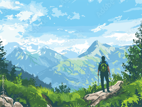 Man with backpack admires mountain range from rocky overlook