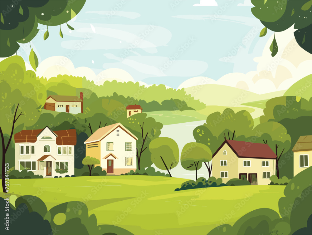 Cartoon village scene with houses, trees, river, and green natural environment