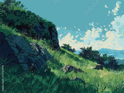 Art of a grassy hill with mountains in the background, under a cloudy sky