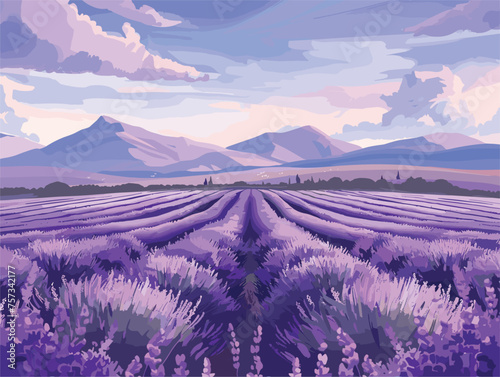 Purple flowers bloom in a grassland with mountains under a violet sky