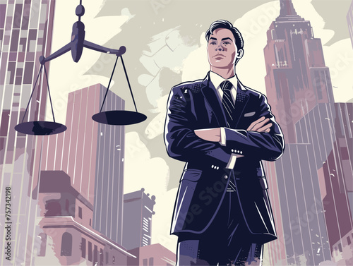 A whitecollar worker in formal wear stands by the justice scale in the city