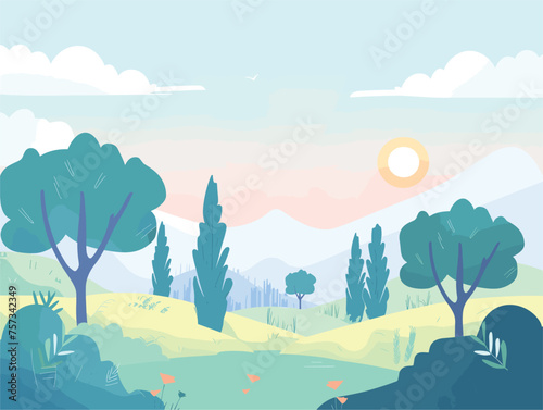 A cartoon landscape with trees and mountains under a clear azure sky