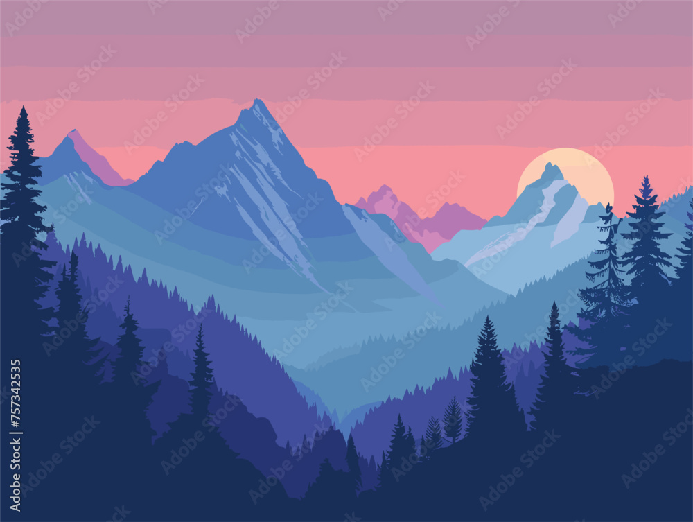 a sunset over a mountain range with trees in the foreground and mountains in the background