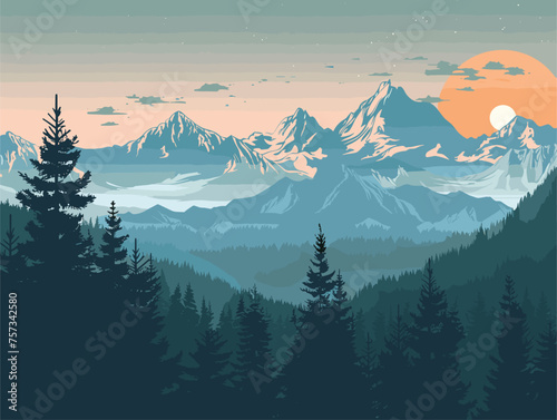A natural landscape painting of a mountain range with trees in the foreground