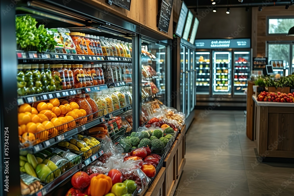 A high-tech grocery store of the future, with smart shopping carts and checkout-free technology