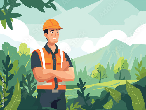 a man in an orange vest and hard hat is standing in the middle of a forest