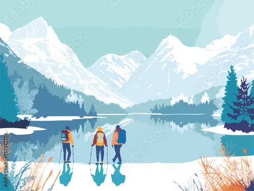 Three individuals by azure lake with snowy mountains, enjoying natural landscape