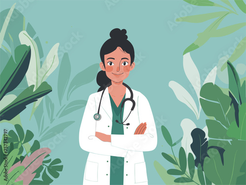 A cartoon female doctor with black hair and stethoscope is in the jungle