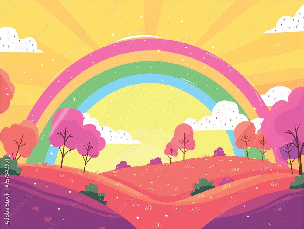 A vibrant landscape with a rainbow in the sky and trees in the foreground