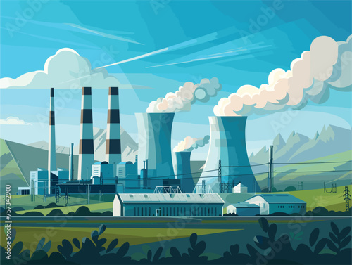 A cartoon of a nuclear power plant with smoke rising into the sky