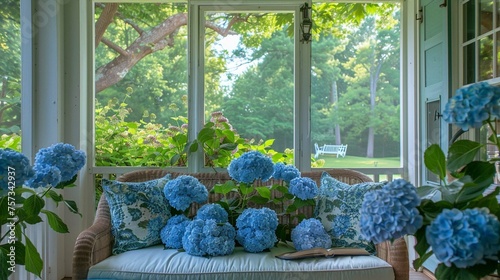 A screened-in porch with a cozy couch and blue hydrangeas.