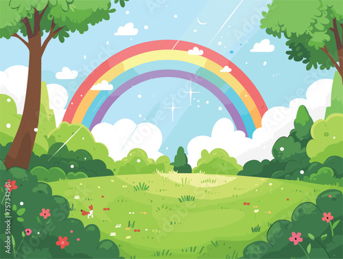 Rainbow seen in natural environment with trees, flowers, and greenery in park