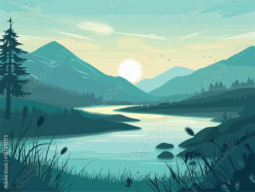 A serene lake nestled among mountains and trees under a colorful sunset sky