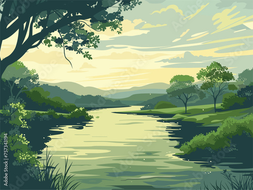 A scenic natural landscape with a river, trees, mountains, and a cloudy sky