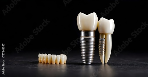 Dentistry, implants with a pin on a gray background. Healthy medicine, molar root restoration, design concept, world oral health day.