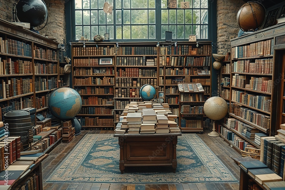A quaint bookshop in a historic European town, its shelves stacked with leather-bound volumes and antique globes - obrazy, fototapety, plakaty 