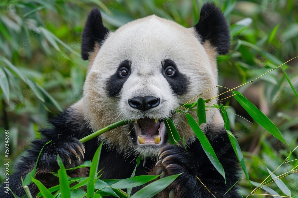 Panda Bear Eating Bamboo, Bifengxia Panda Reserve in Ya'an Sichuan Province, China. Panda looking at the viewer with mouth open, eating a large chunk of Bamboo. Endangered Species Animal Conservation