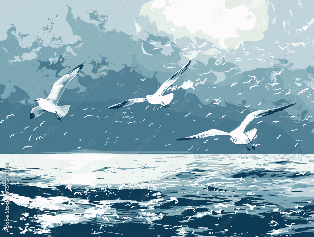 Fototapeta premium Seabirds soar above the fluid ocean, wings outstretched in the wind waves
